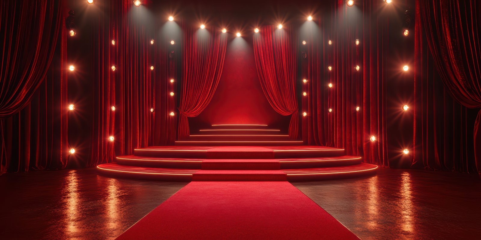 Red velvet stage with bright lights and a grand entrance perfect for performances and events